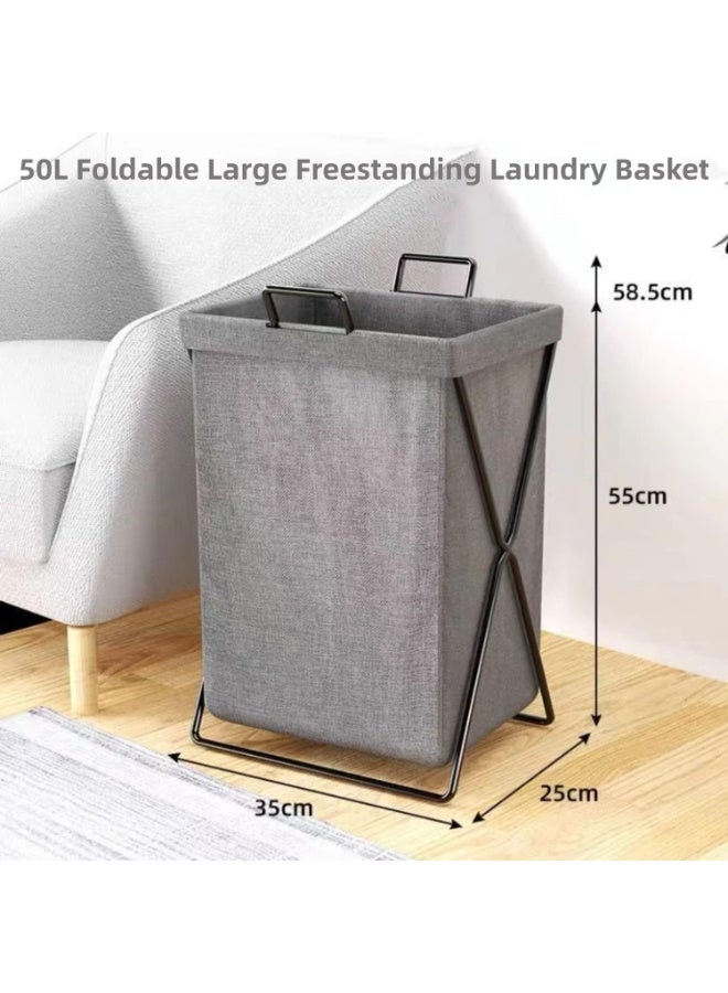 FUOE Foldable Laundry Basket with Stainless Steel Frame, 50L Collapsible Waterproof Laundry Basket, Laundry Hamper Bag Washing Bin Clothes Bag Organizer Storage Basket Hamper for Clothes Toys (Dark Grey) - Image 2